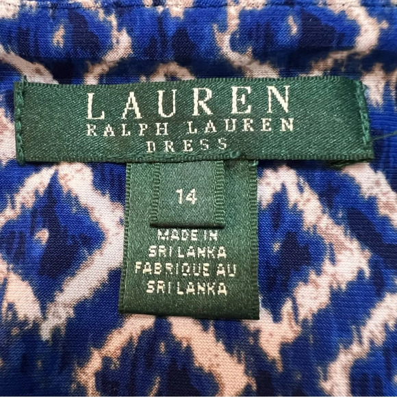 LAUREN Ralph Lauren Blue & White Ikat Faux Wrap Ruched Jersey Dress. Size 14. - Picture 2 of 11